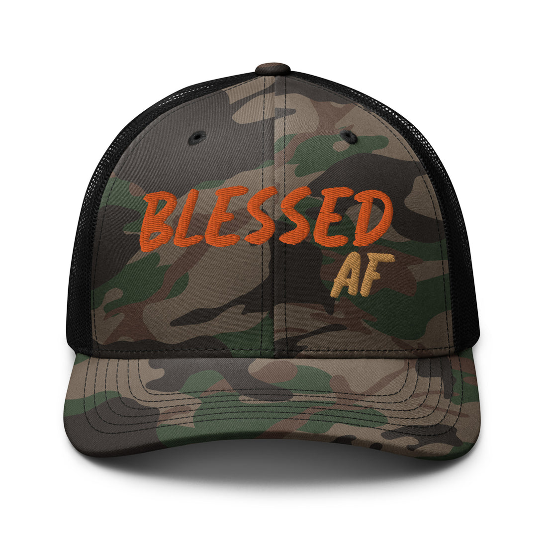 Camouflage Blessed AF trucker hat