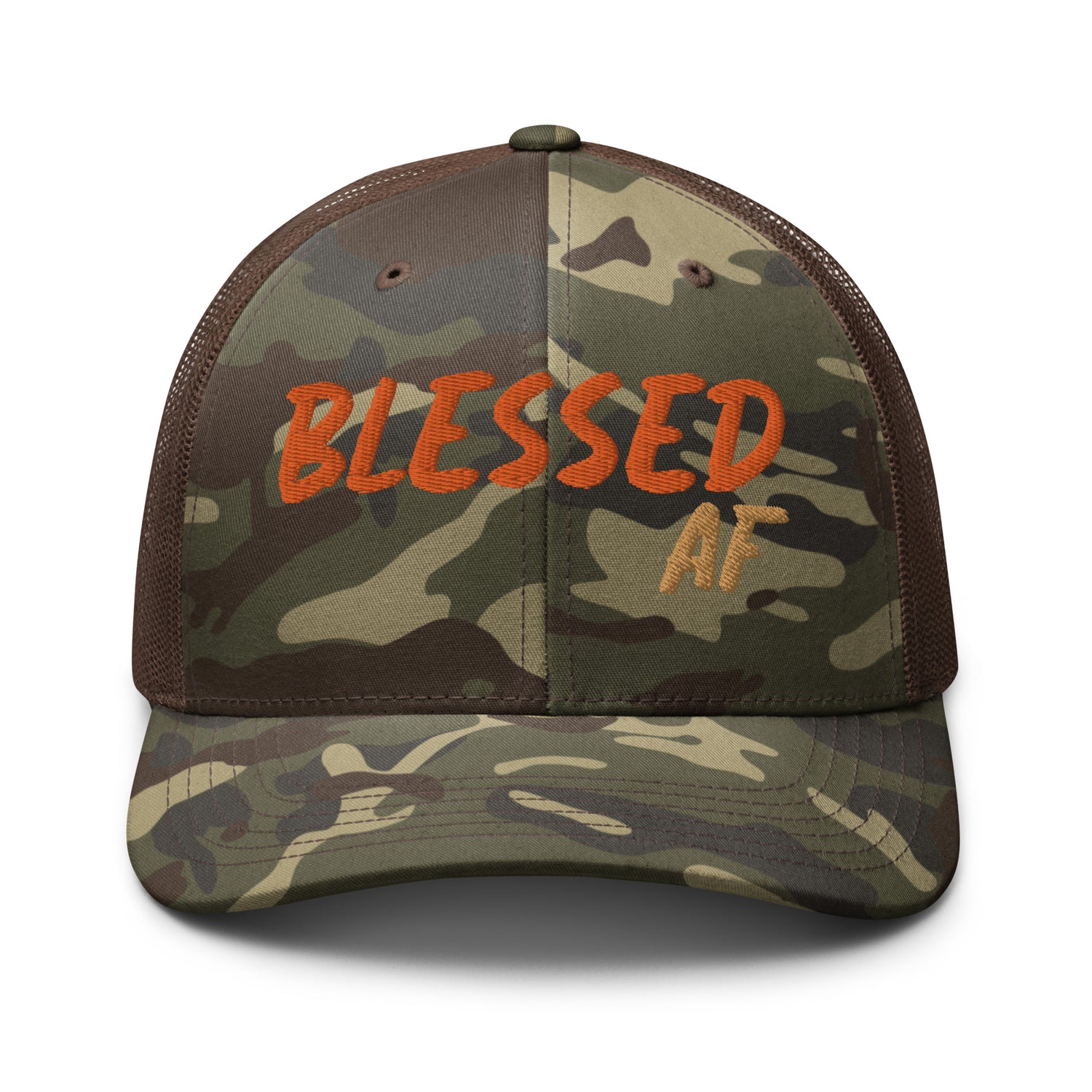 Camouflage Blessed AF trucker hat