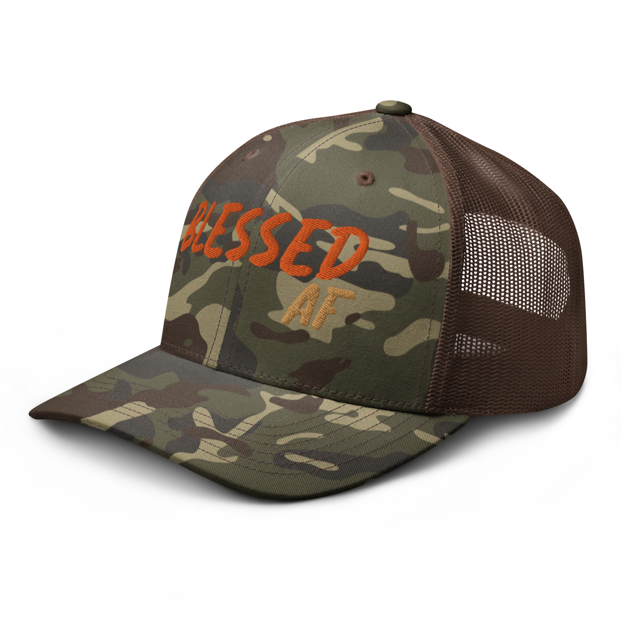 Camouflage Blessed AF trucker hat