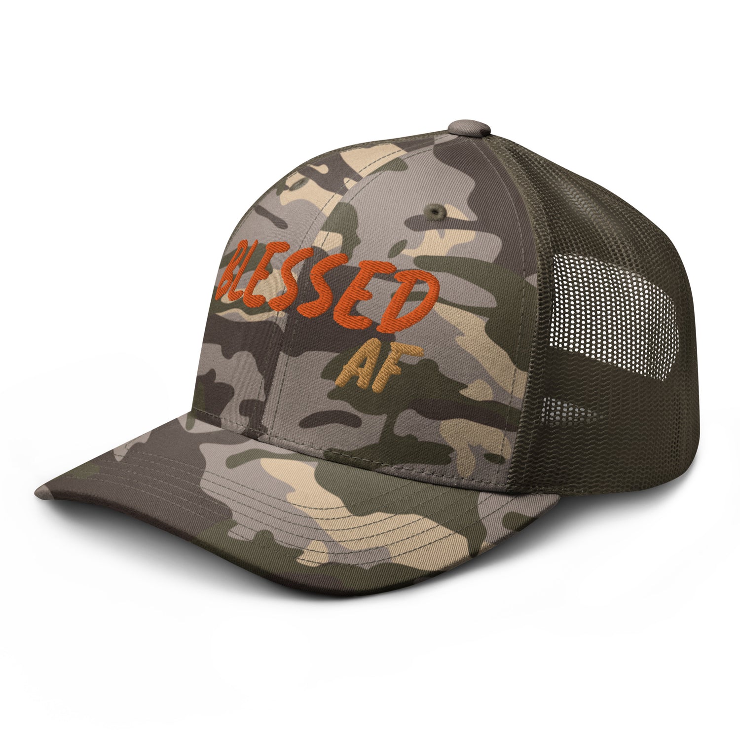 Camouflage Blessed AF trucker hat