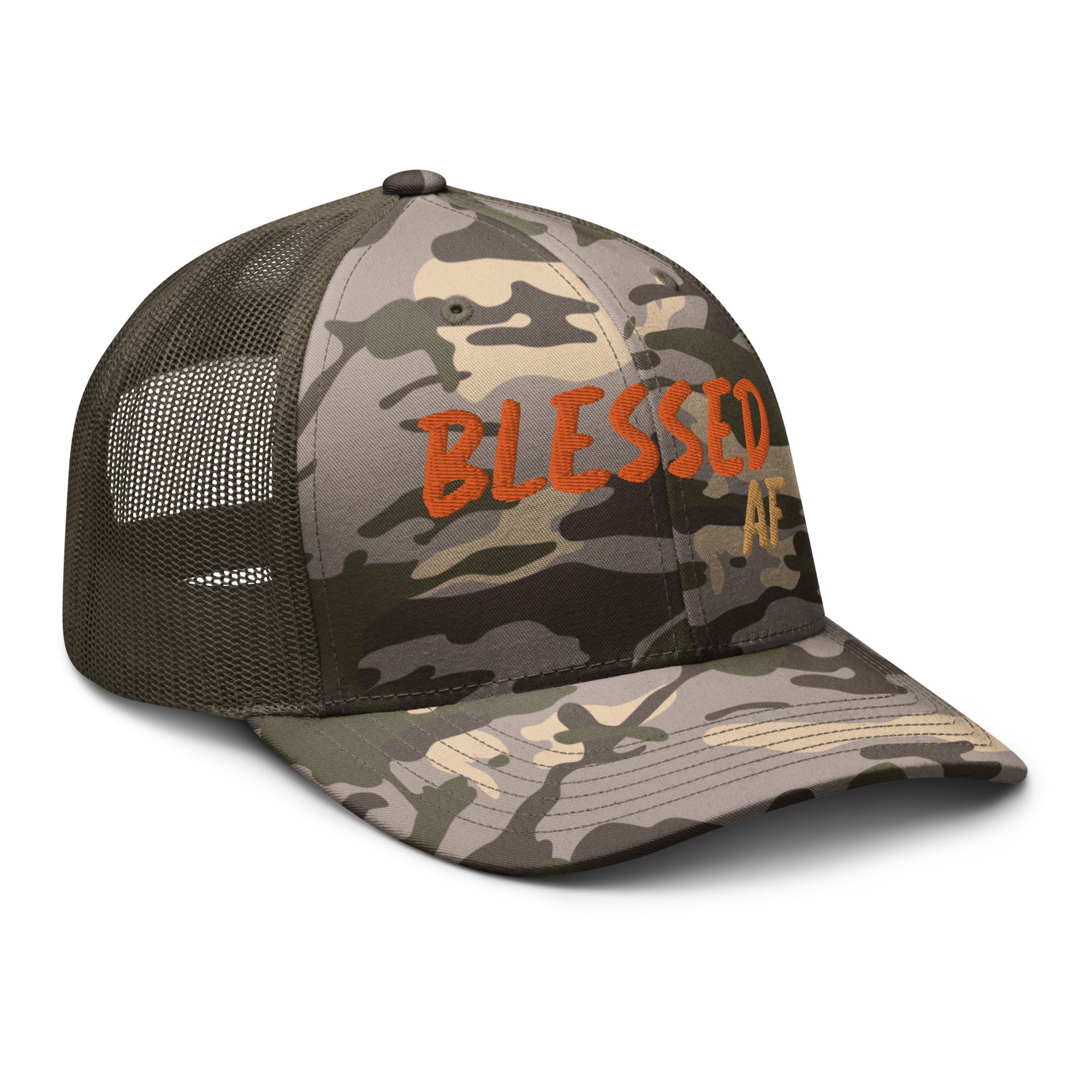 Camouflage Blessed AF trucker hat